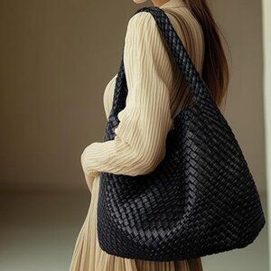 Neiman Marcus Woven Black Beach Leather Braided Tote Bag